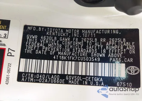 2012 Toyota Camry Xle V6 z USA, uszkodzony, nr VIN 4T1BK1FK7CU503549